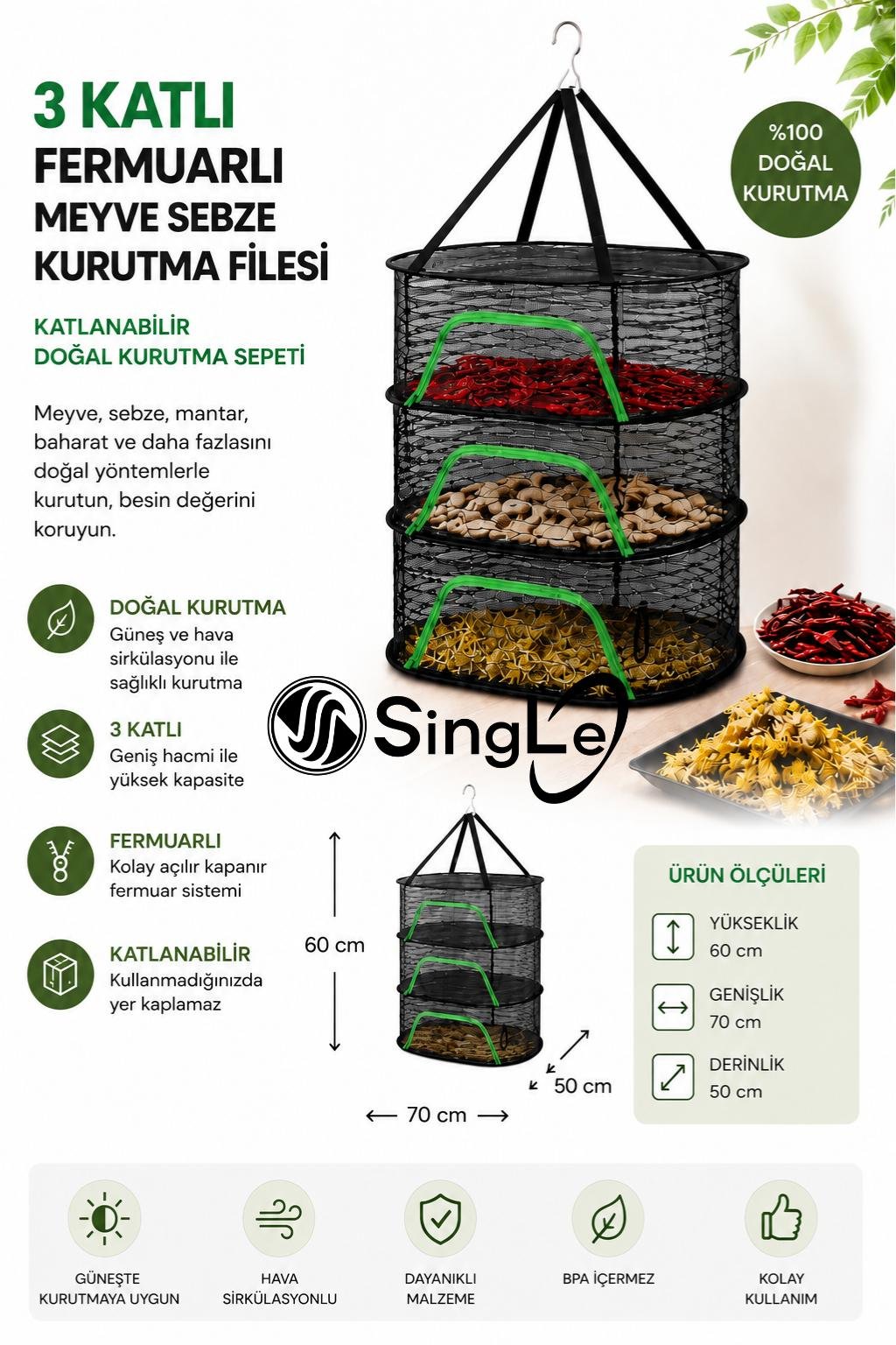 3 Katlı Fermuarlı Meyve Sebze Kurutma Filesi Katlanabilir Doğal Kurutma Sepeti